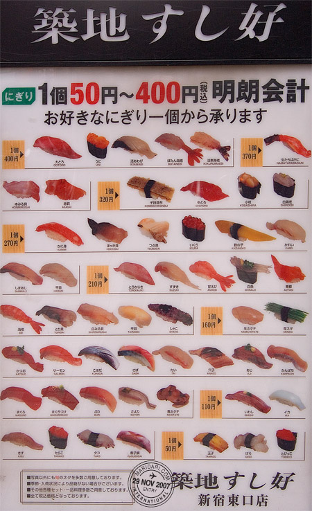 Sushi menu at a restaurant in Shinjuku, Tokyo