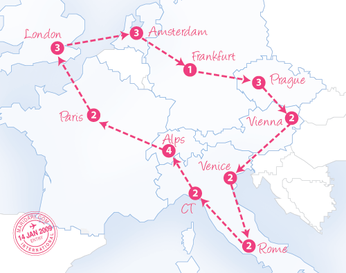 Our Europe in Spring 2009 itinerary on the map - numbers indicate days in the city Our Europe in Spring 2009 itinerary on the map - numbers indicate days in the city